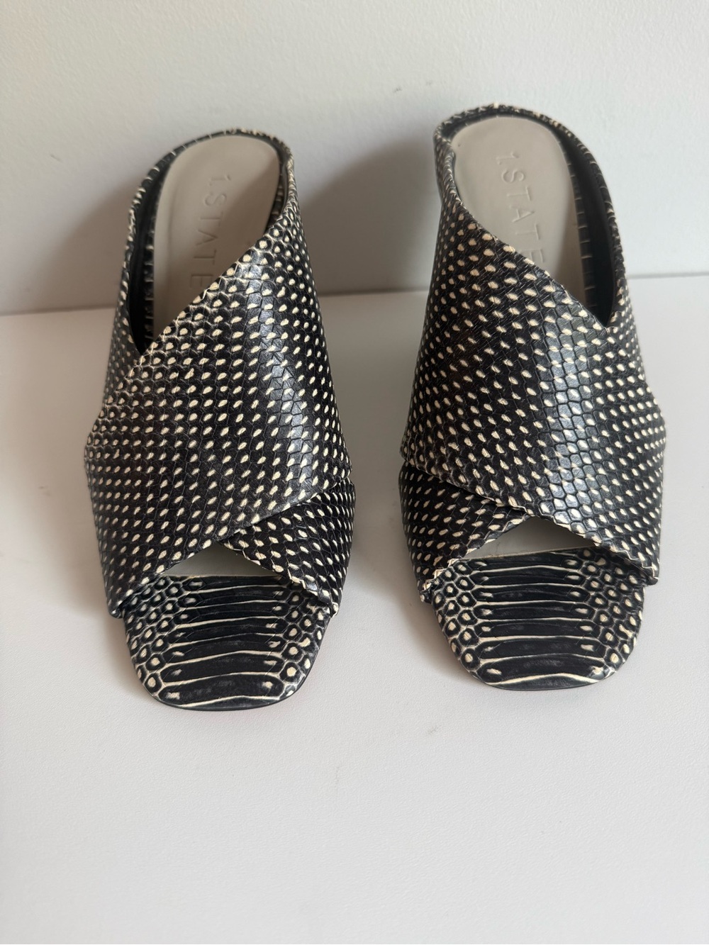 1. STATE Graible Black Ivory Snake Print Block Heel Slide Sandals SZ 8.5 NEW